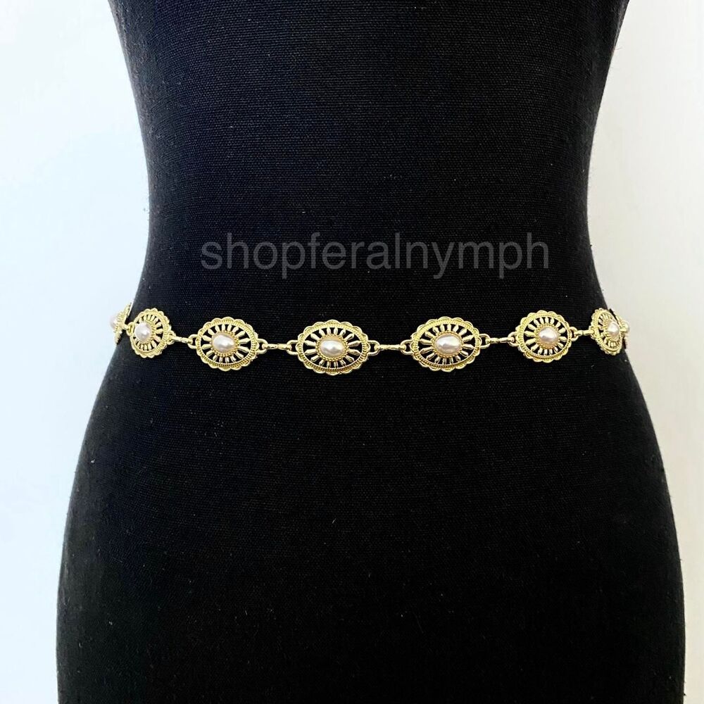 Gold Faux Pearl Oval Coquette Chain Belt, Fits 24-46.5 Inches, X7GA1254